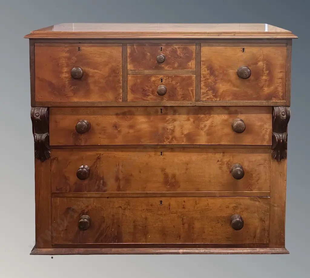 Pine 7 Drawer Chest with Burr Veneer Drawer Fronts and Wooden Turned Knobs, H110xL120xD54cm Image 1++