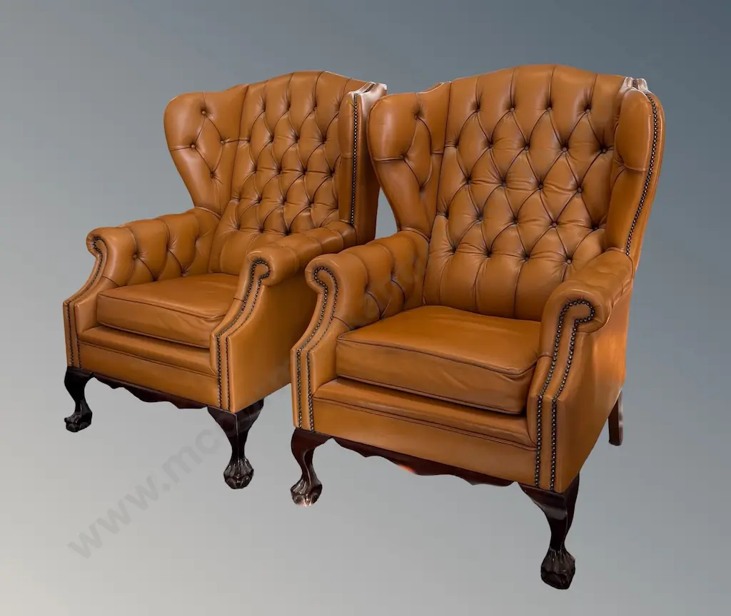 Pair of Leather Deep Buttoned Wingback Armchairs on Ball and Claw Feet Image 1++