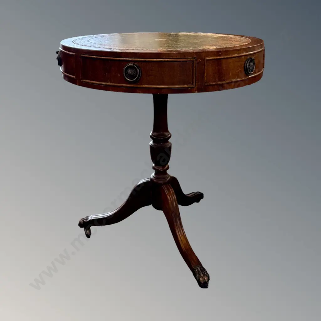 Oak 2 Drawer Leather Topped Drum Table H56xD51cm Image 1++