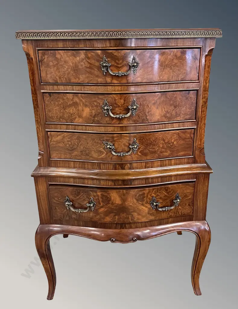 Burr Walnut 4 Drawer Cabinet with Serpentine Front and Saber Legs, H75xL45xD35cm Image 1++