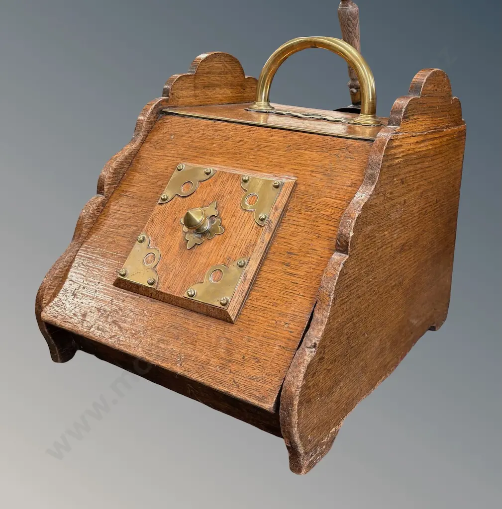Oak and Brass Coal Scuttle with Shovel Image 1++