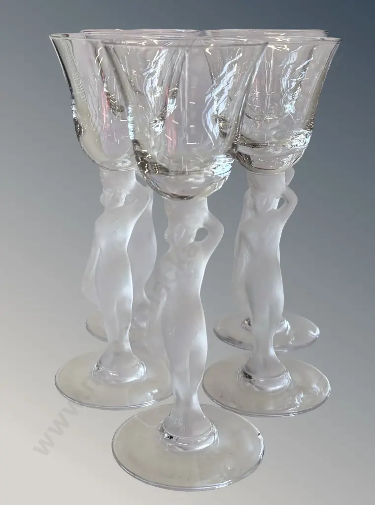 Five French Bayel Crystal Glasses with Frosted Nude Figural Stem H16.5cm Image 1++