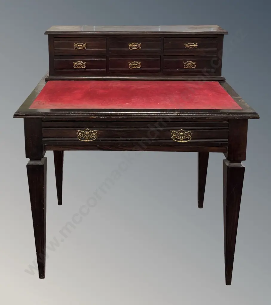 Edwardian Writing Desk with Red Felt Inlay Top and Upper Bank of Small Drawers, L90xH100xD70cm Image 1++