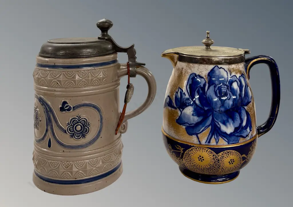 Doulton Burslem Lidded Jug 'Flow Blue' and German Stoneware and Pewter Tankard Image 1++