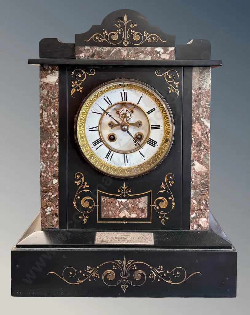 Marble Mantle Clock with Brass and Enamel Face, H37cm Image 1++