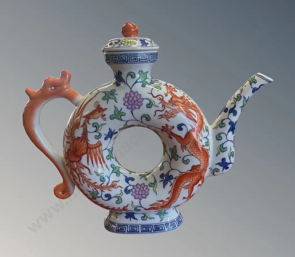 Donut Shaped Teapot decorated with Dragons and Phoenix, Replica of Ching Dynasty, Kang Hsi Period, H27cm, Image 1++