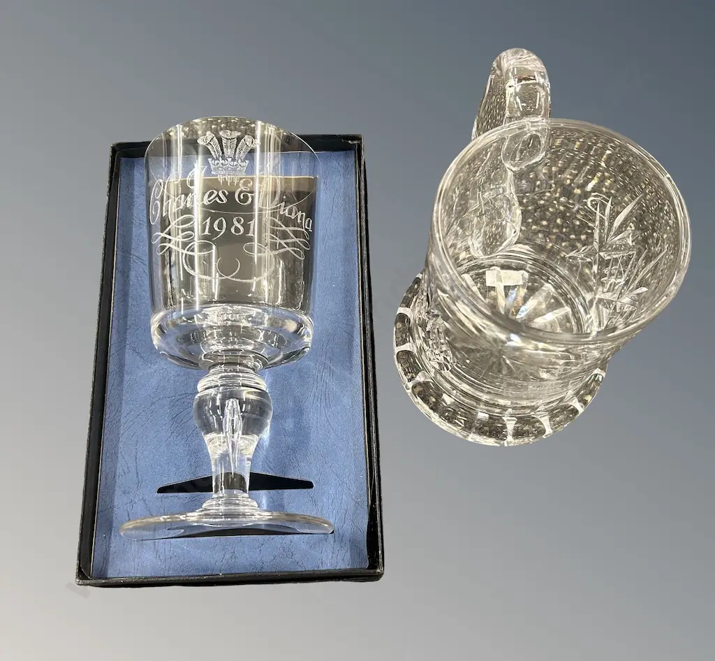 Boxed Commerative Wine Goblet - 1981 Royal Wedding Charles and Diana H17.5cm and Glass Tankard, Eros, H13cm Image 1++