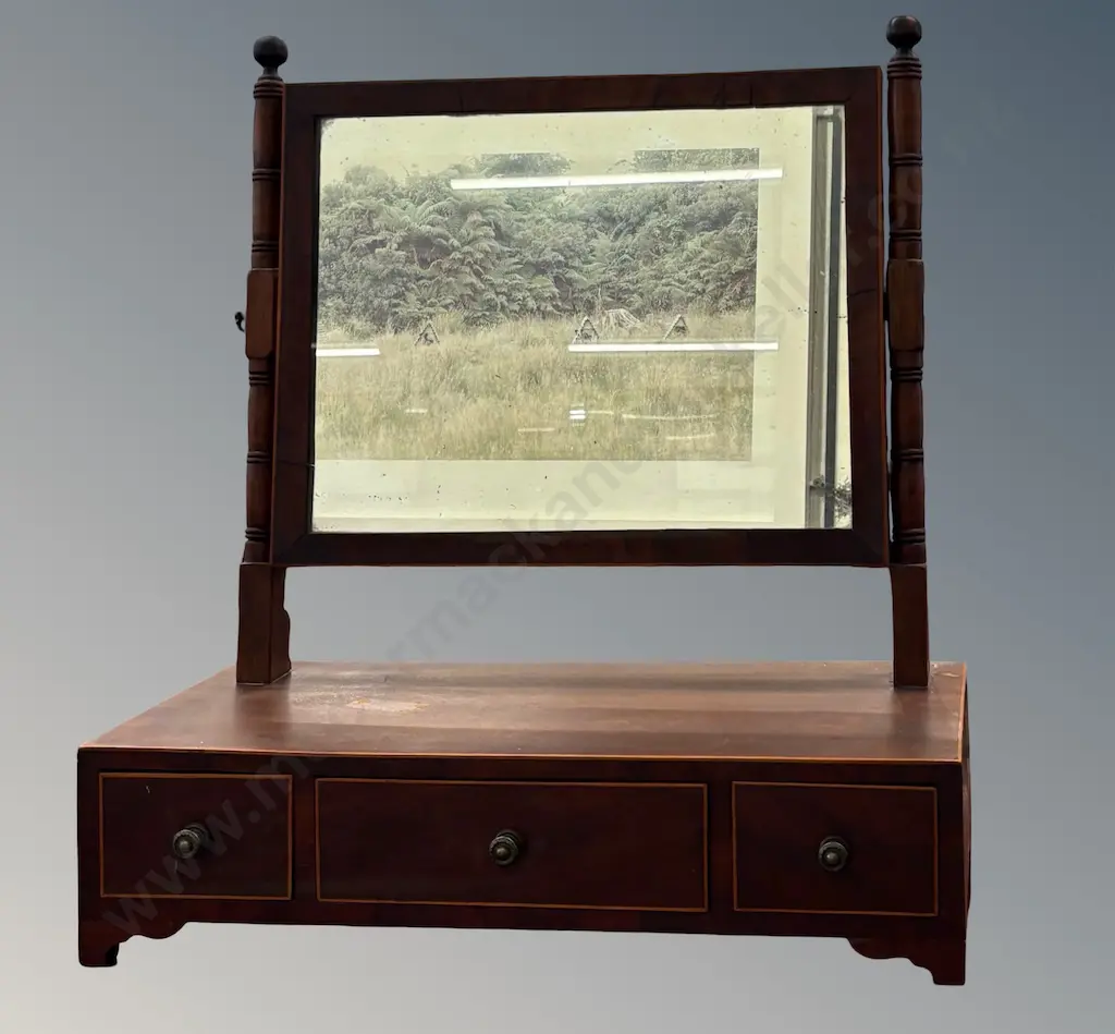 Georgian Mahogany with Fruitwood Stringing 3 Drawer Dressing Table Mirror, H51cm Image 1++