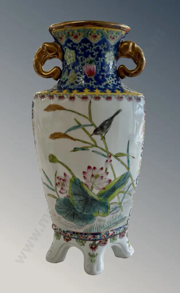 Porcelain Footed Vase with Decorative Enameled and Hand Painted Design, Twin Elephant Head Handles H30cm Image 1++