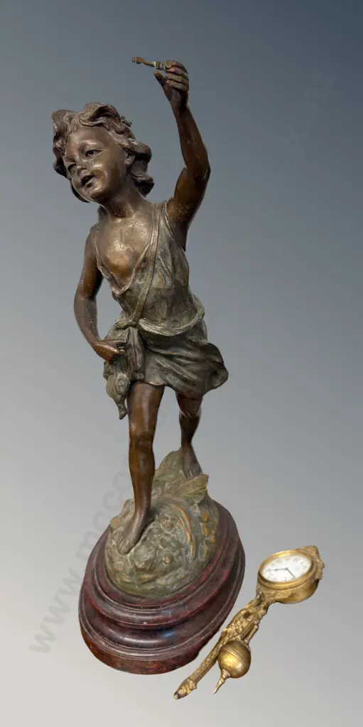 Spelter Statue of Young Girl with Brass Clock on Wooden Base, H52cm AF Image 1++