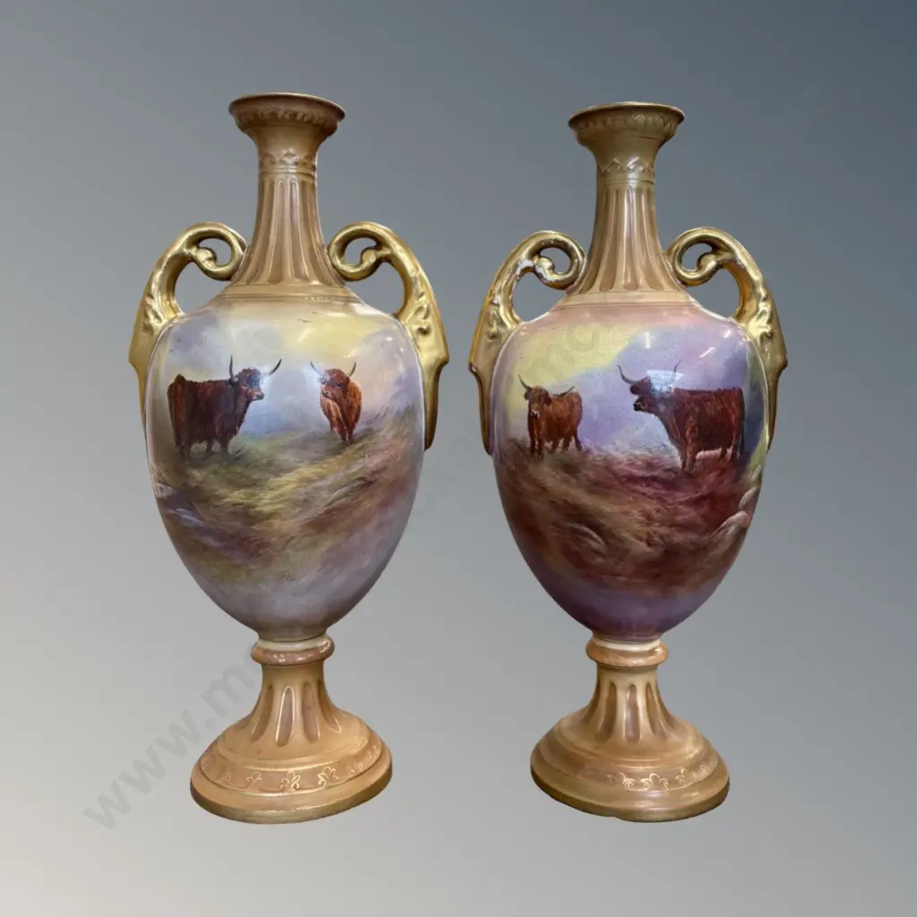 Pair of Crown Devon 2 Handled Urns Featuring Highland Cattle Signed G Cox. Image 1++