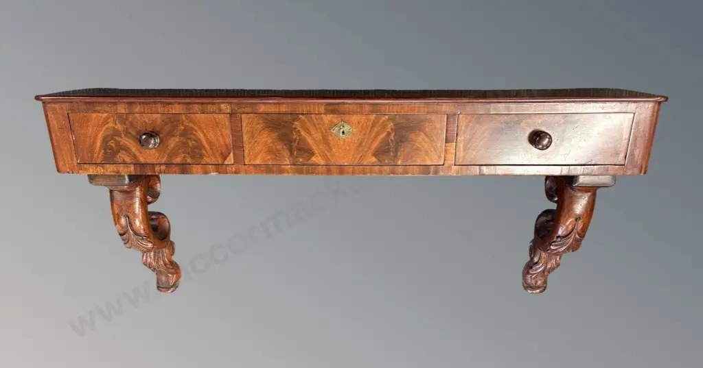 Flame Mahogany Wall Shelf with 3 Drawers and Carved Supports, L108xH48xD28cm Image 1++
