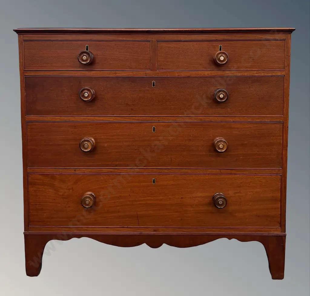 Mahogany 5 Drawer Chest with MOP Inlay Turned Handles, H102xW110xD53cm Image 1++
