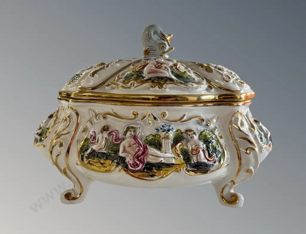 Capodimonte Italian Majolica Lidded Tureen with Nude Figures and Dolphin Handle L26xH18cm Image 1++