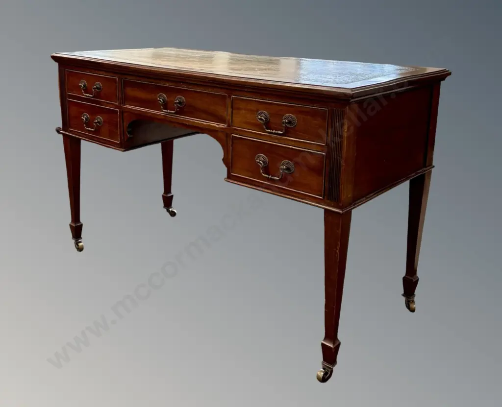 Five Drawer Mahogany Desk with Tooled Leather Inlay Top, Brass Drop Handles and Castors, H75xD57xW122cm Image 1++