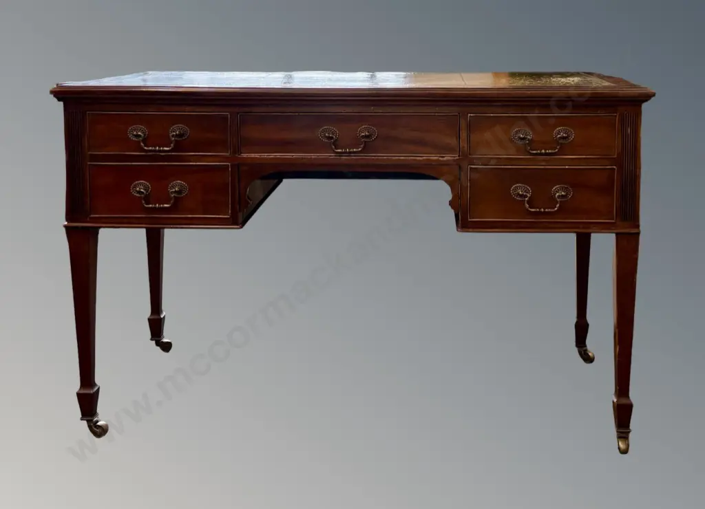 Five Drawer Mahogany Desk with Tooled Leather Inlay Top, Brass Drop Handles and Castors, H75xD57xW122cm Image 1++