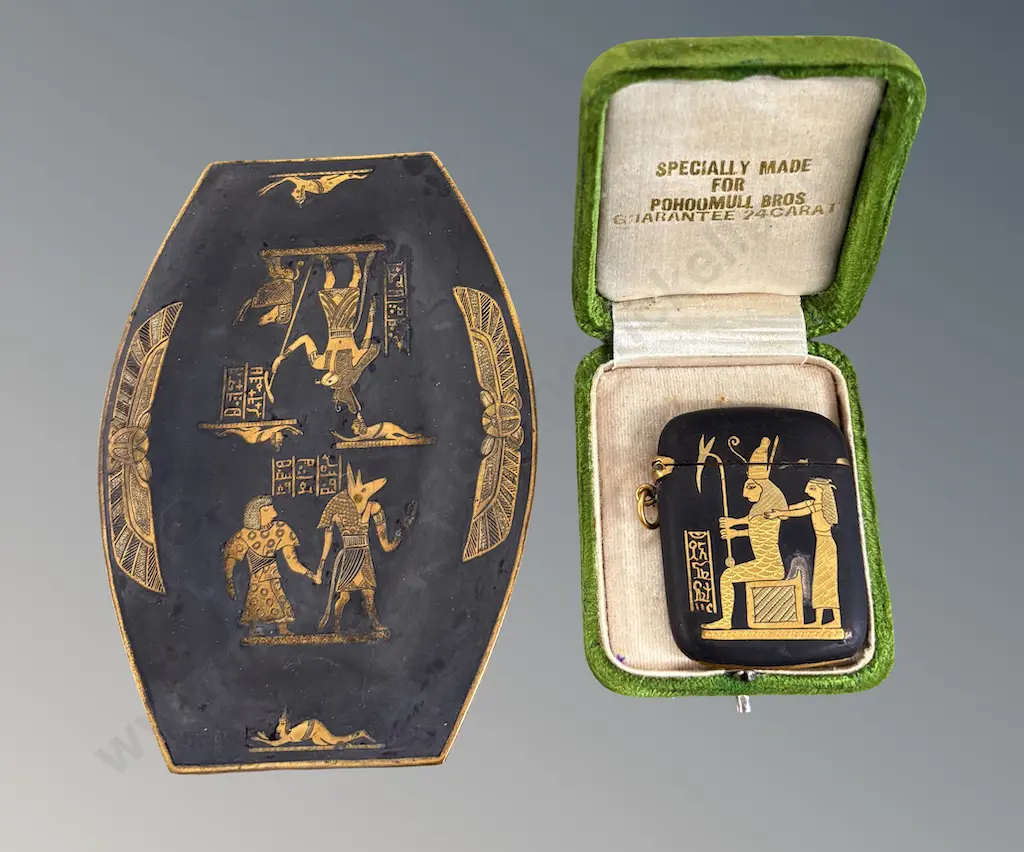 Black and 24ct Gold Dish and Vesta Case featuring etched Egyptian Pharaonic Mofits and Figures Image 1++