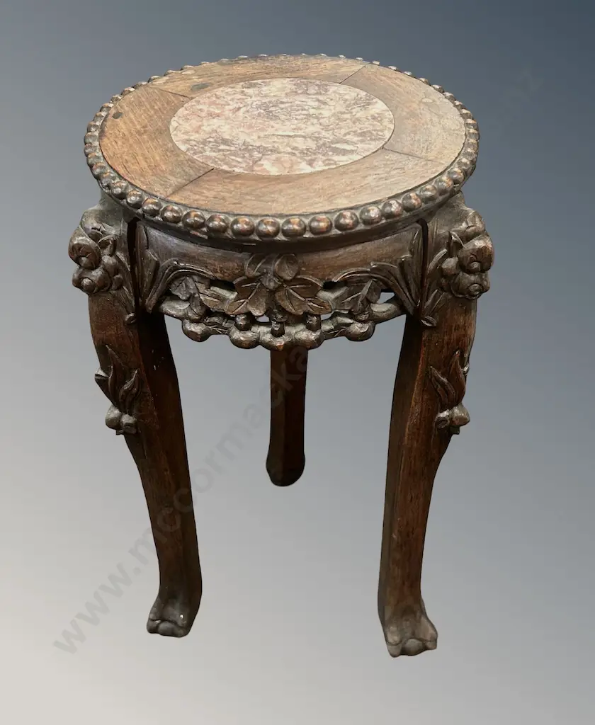 Small Rosewood Table with Marble Inlay, Carved Grape Leaf and Figural Carving and Ball and Claw Feet, H37cm Image 1++
