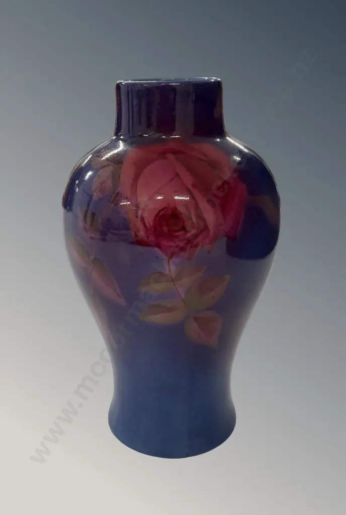 Royal Doulton Titanian Vase with Hand Painted Roses on Purple/Blue Ground H15cm Image 1++