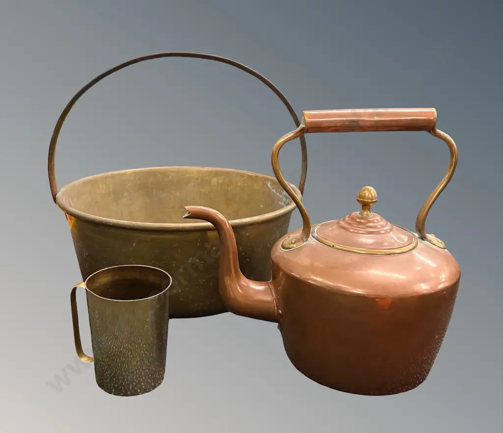 Copper Teapot, Brass Jam Pan, and Mug Image 1++