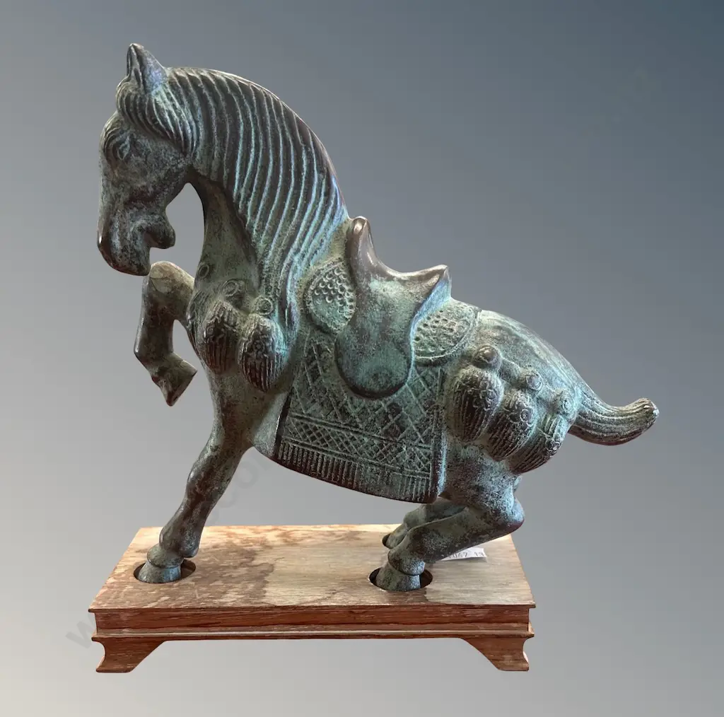 Chinese Bronze War Horse on Wooden Stand, H24xL20cm Image 1++