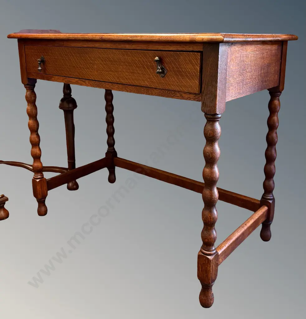 Oak Single Drawer Side Table with Cotton Reel Legs, L92xH76xD50cm Image 1++