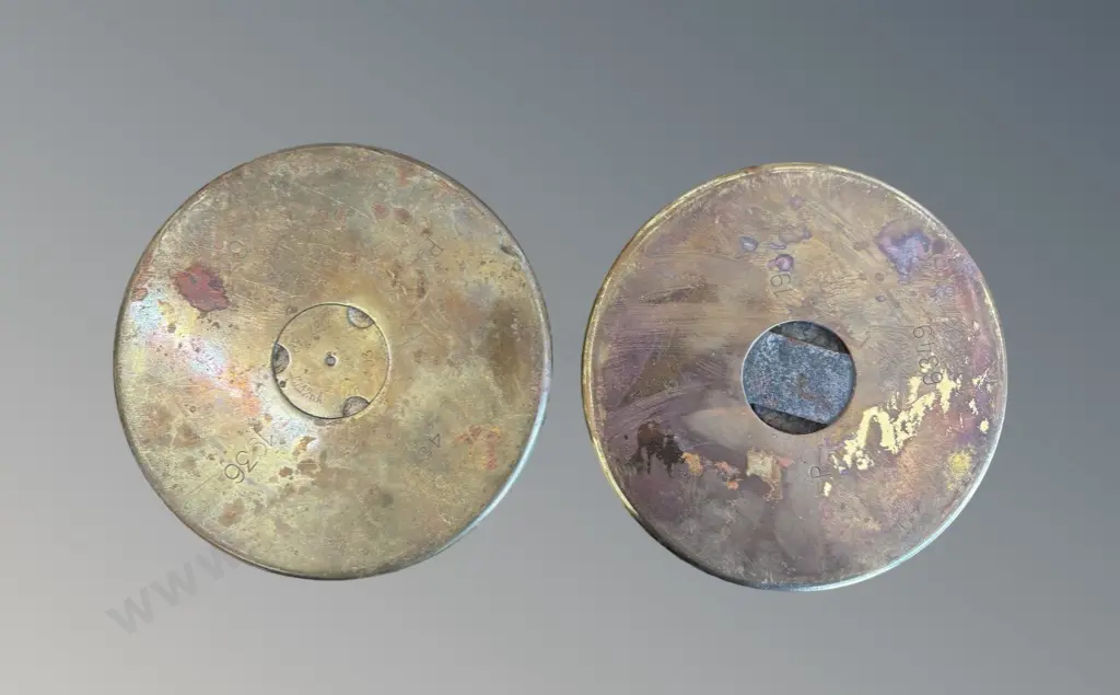 Three Brass Trench Art Bullet Cases with Egyptian Engravings, H26-30.5cm (1 missing base) Image 1++