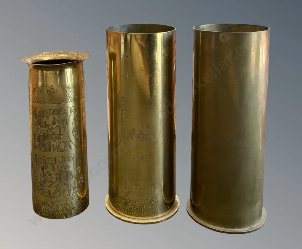 Three Brass Trench Art Bullet Cases with Egyptian Engravings, H26-30.5cm (1 missing base) Image 1++