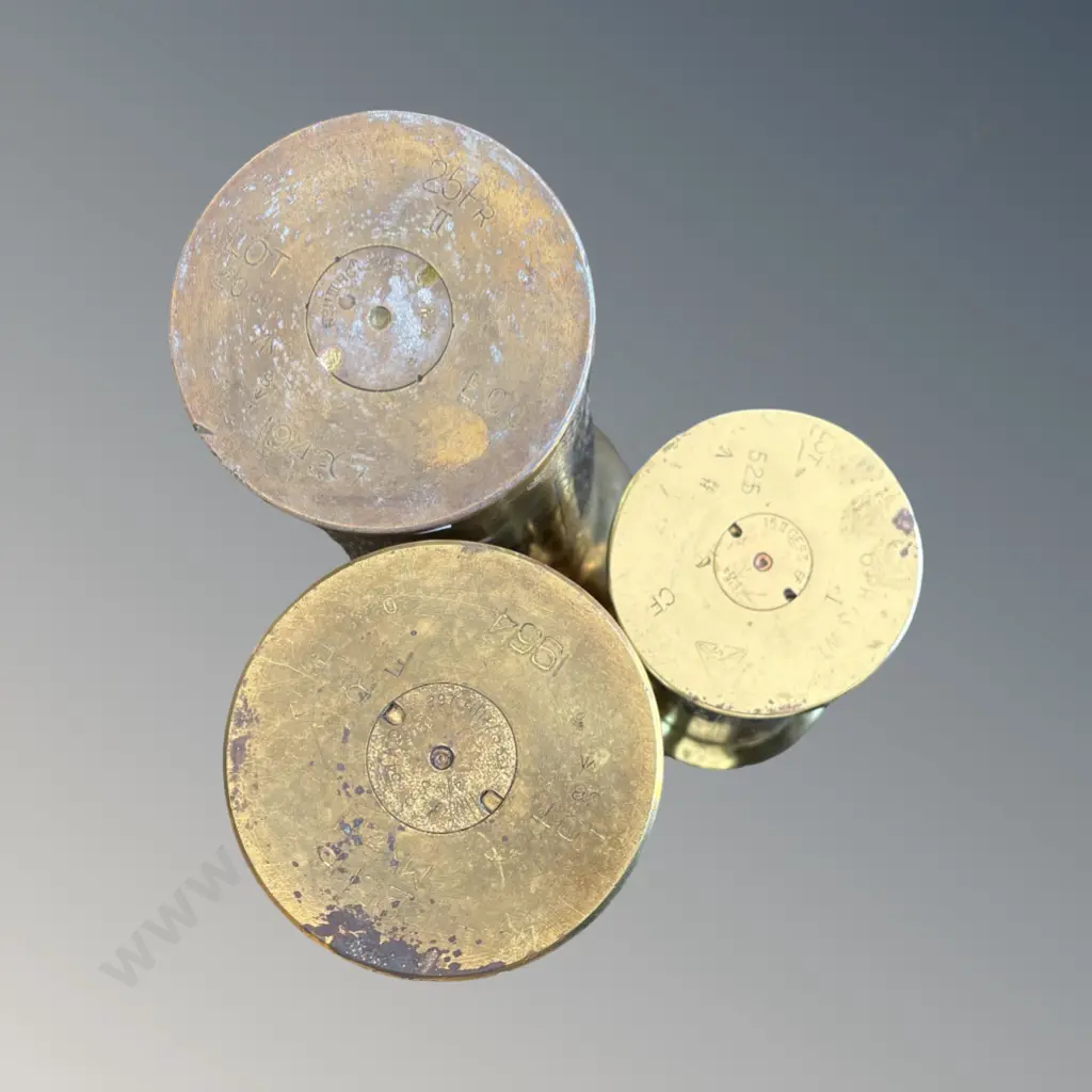 Three Brass Trench Art Bullet Cases - NZ Army Band, Egyptian Theme etc, H21.5-28.5cm Image 1++
