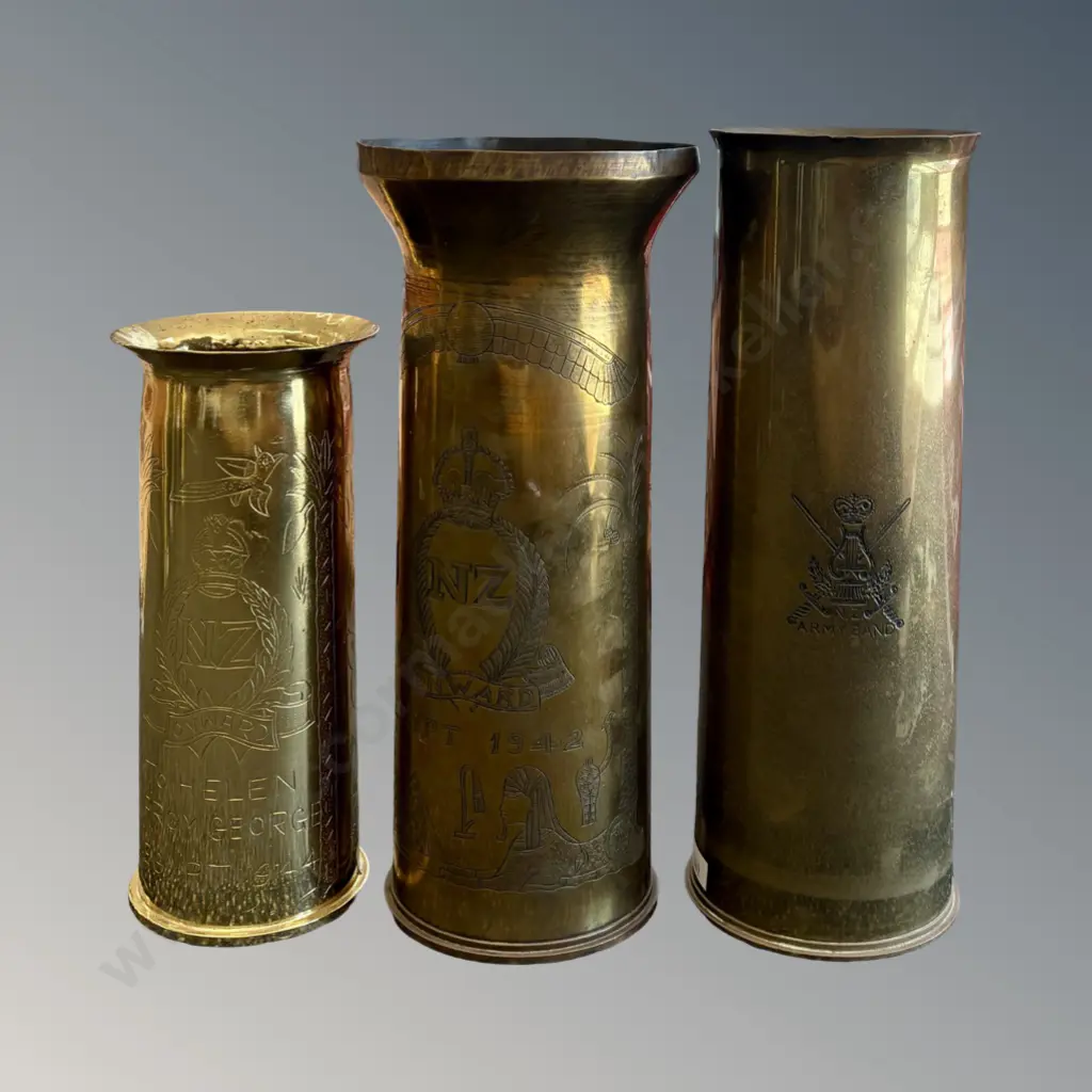 Three Brass Trench Art Bullet Cases - NZ Army Band, Egyptian Theme etc, H21.5-28.5cm Image 1++