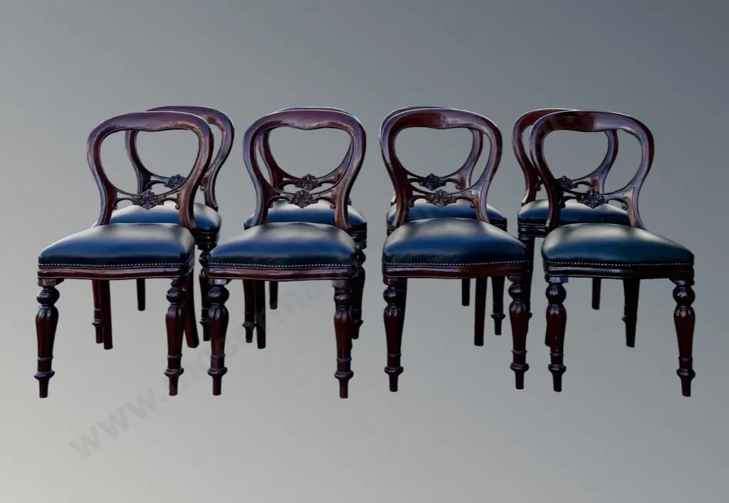 Set of 8 Mahogany Balloon Back Dining Chairs with Dark Green Leather Upholstered Seats Image 1++