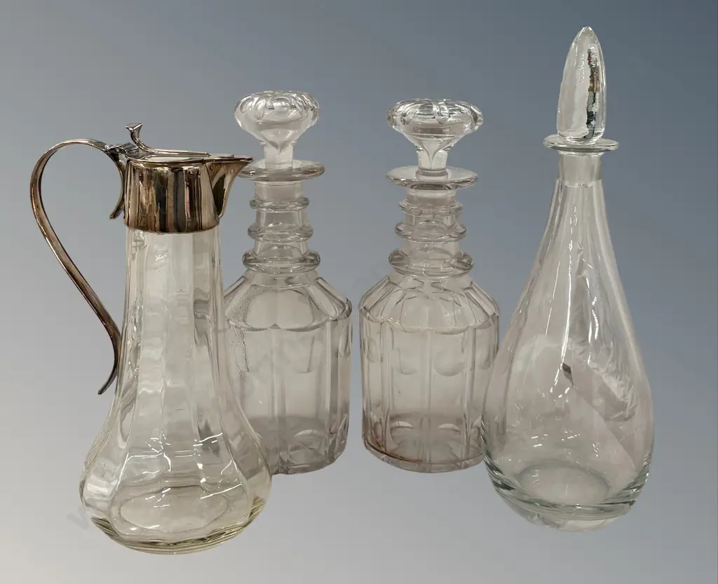 Three Glass Decanters and Claret Jug Image 1++