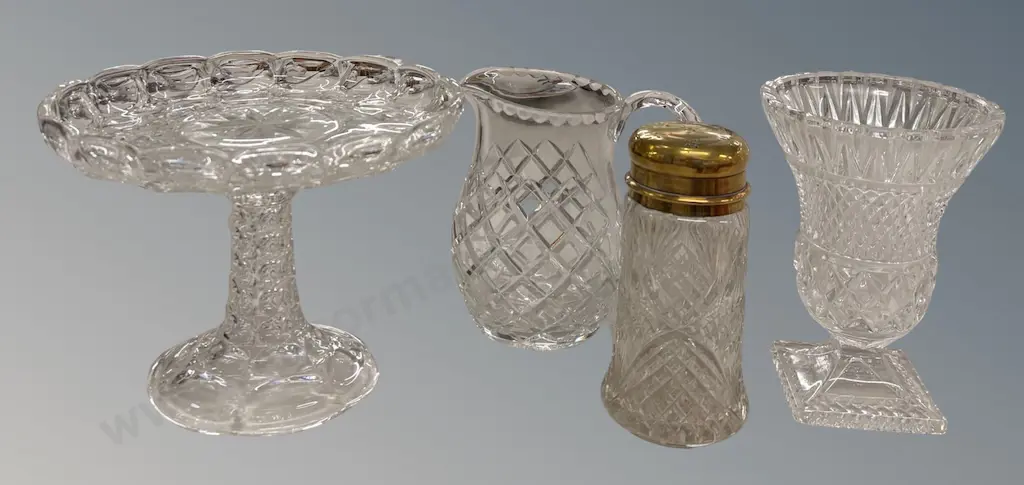 Cut Glass Pedestal Cake Stand, Vase, Sugar Castor and Jug Image 1++