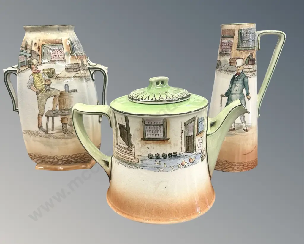 Royal Doulton Mr Micawber and Sam Weller Vases and Tony Weller Teapot, H23 - 16cm Image 1++