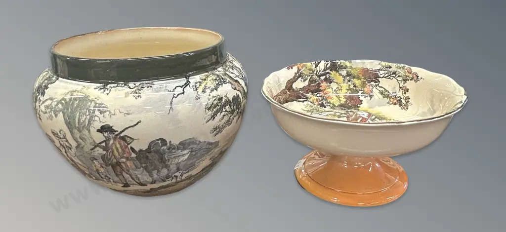 Royal Doulton Old English Scenes Comport H11cm, Dia 21cm and Jardiniere, H17cm, Dia17cm Image 1++