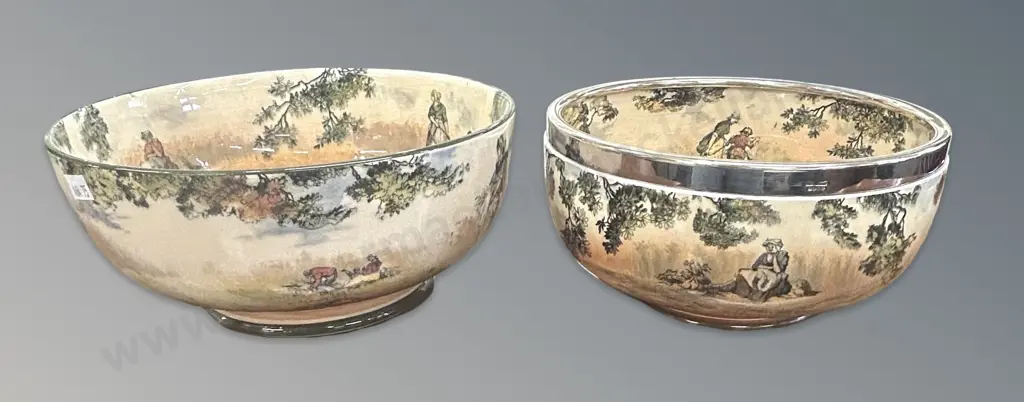 Royal Doulton Old English Scenes Sterling Silver Rimmed Bowl and 1 other, Dia23cm - 21cm Image 1++