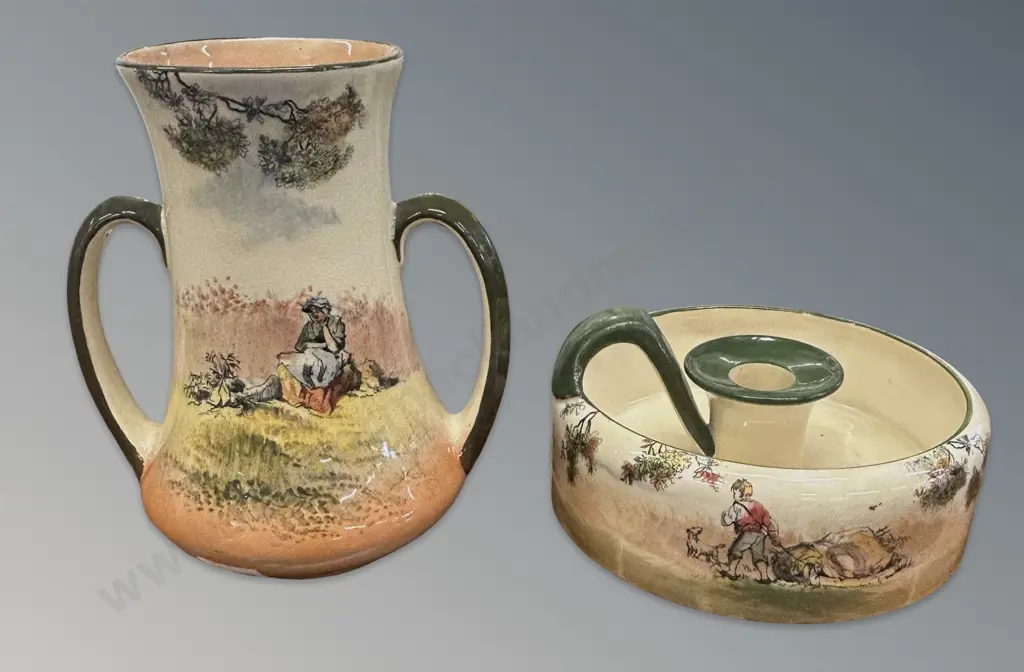 Royal Doulton Old English Scenes Chamber Stick & Two Handled Vase, H17cm Image 1++