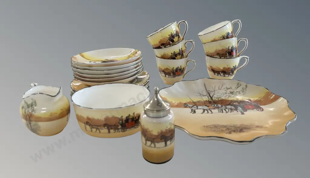 Royal Albert Coaching Series, Six Trios, Sugar Bowl, Creamer, Sandwich Plate & Sugar Shaker Image 1++