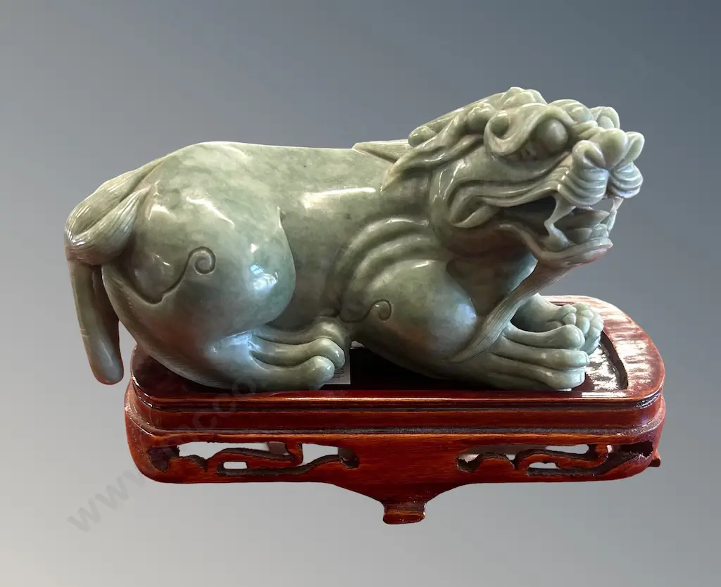 Chinese Jade Mythical Beast on Wooden Base, L14cm Image 1++