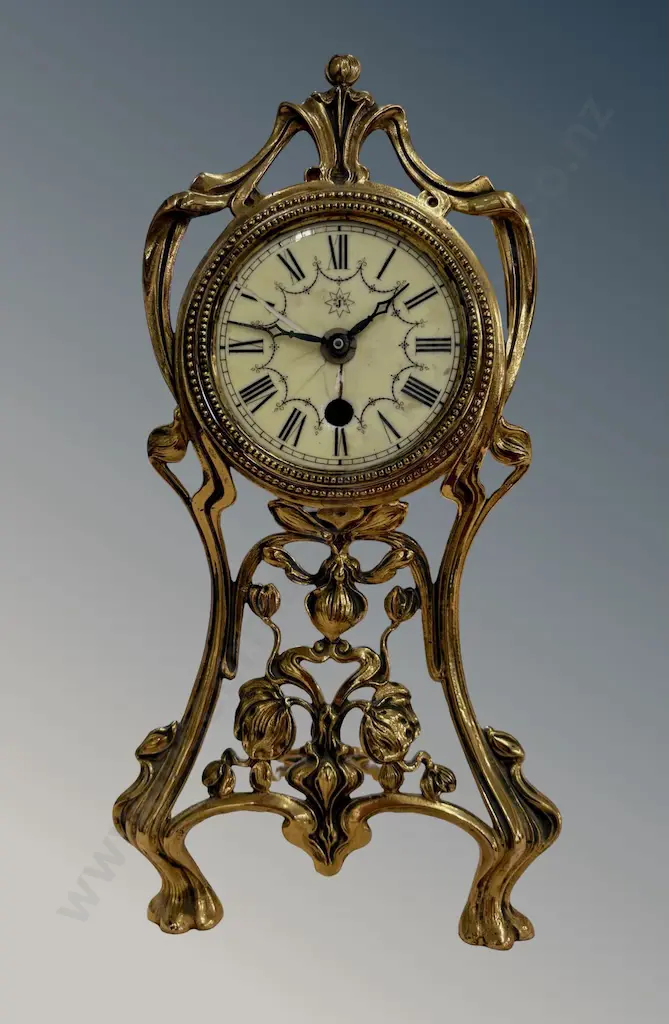 Art Nouveau Brass Free Standing Mantle Clock with Porcelain Face, AF, H32cm Image 1++