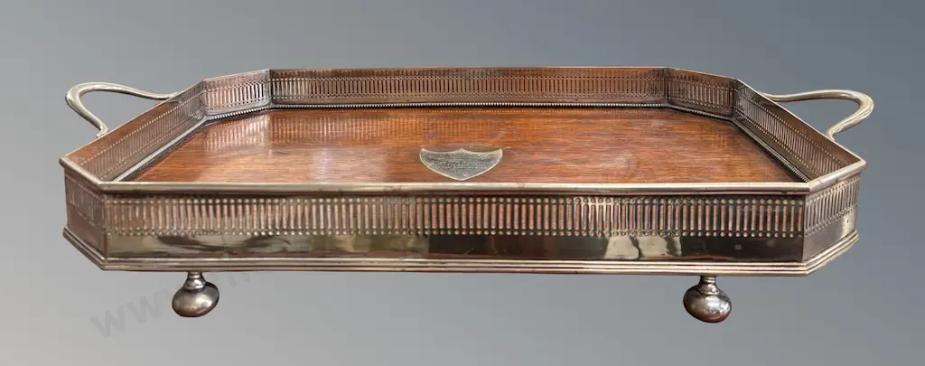 Oak and Silver Plate Open Weave Gallery 2 Handled Footed Tray, L70xW39cm Image 1++