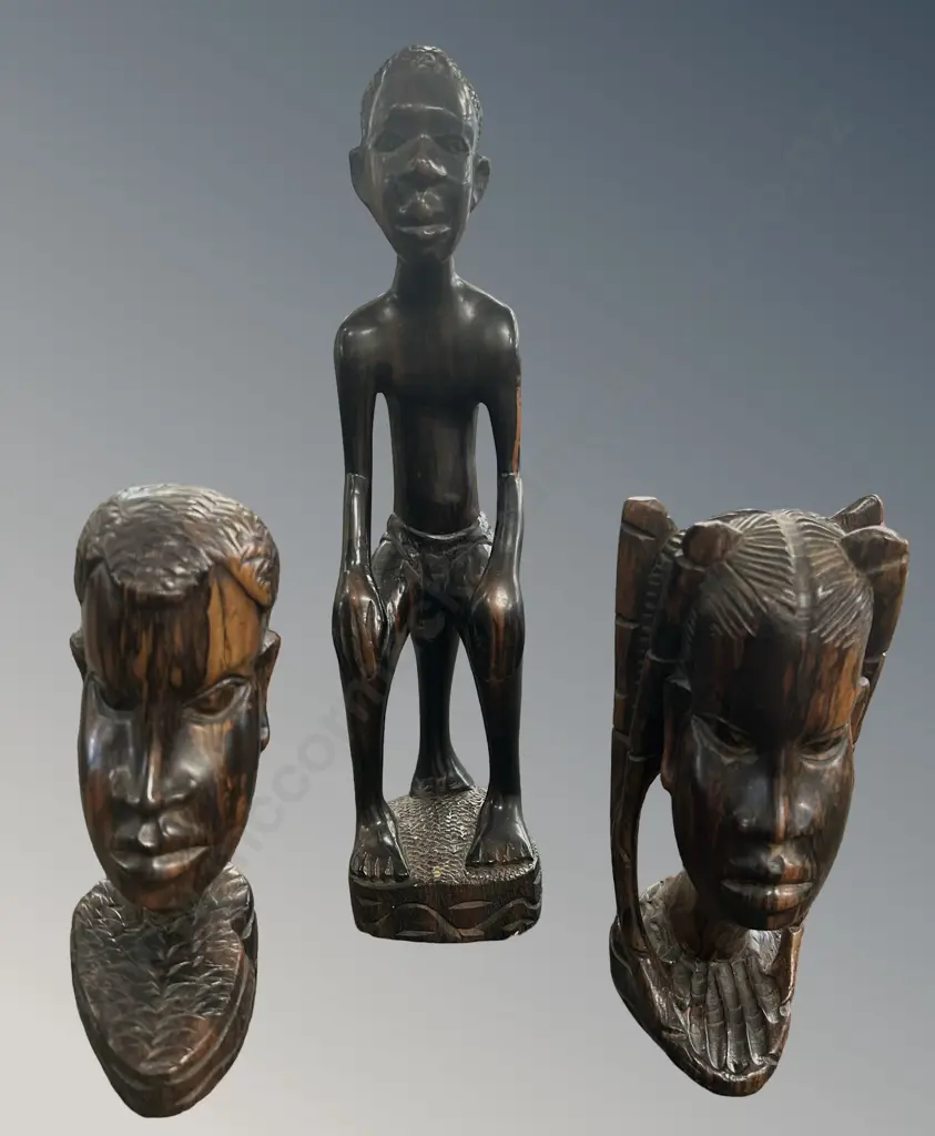 Two Wooden African Tribal Busts, H23cm and Carved Figure, 38cm Image 1++