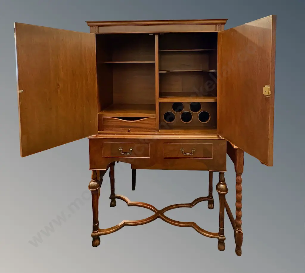 Mahogany with Crossband Cocktail Cabinet, 2 Doors, 2 Drawers with Bottle Rack and Fitted Interior, L93xH154xD42cm Image 1++