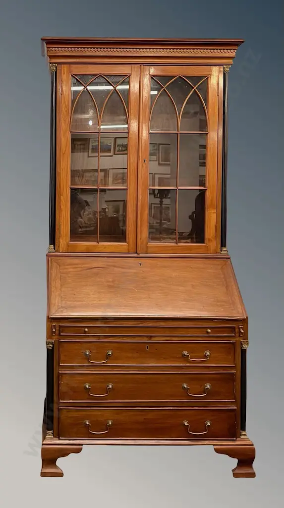 Mahogany Bureau Bookcase with Ebonised Wood and Brass Columns and Astragal Glazed Doors H218xW99xD55cm Image 1++