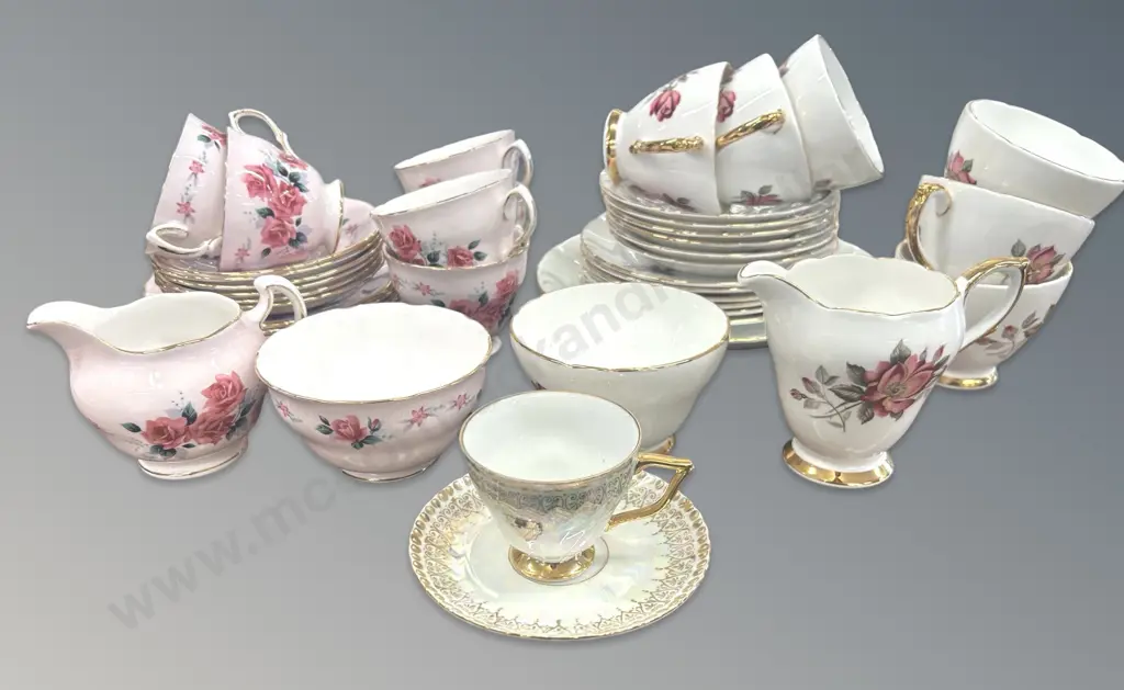 2 Bone China Rose Patterned Tea sets, Delphine and Coleclough and Westminster Cup and Saucer Image 1++