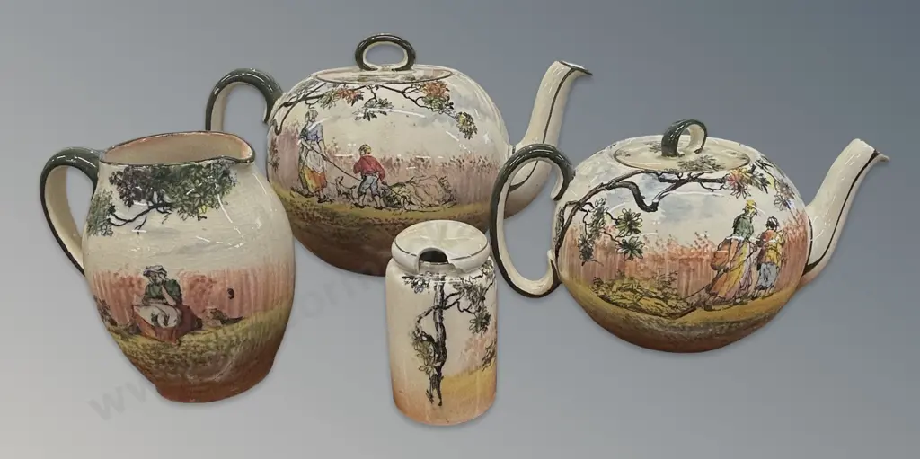 Royal Doulton Old English Scene, 2 Teapots, Jug and Mustard Pot Image 1++