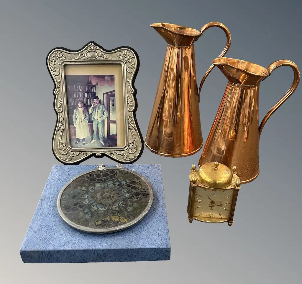 Art Noveau Picture Frame, 2 Copper Ewers, Bedside Clock and 3 Glass Wall Hangings Image 1++