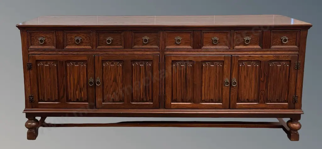 Oak 4 Door 4 Drawer Linen Fold Buffet, H83xL192xD48cm Image 1++