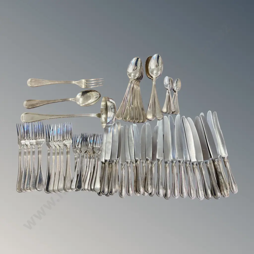 Bugatti Silver Plate Cutlery 12 Place Setting, with Teaspoons, Serving Spoon and Fork, Soup Ladle Image 1++