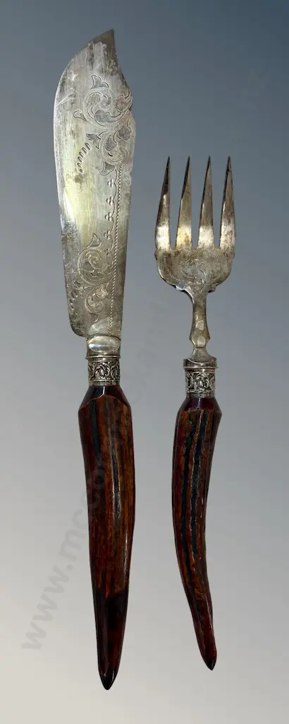 Antler Handled Fish Servers with Sterling Silver Bolster Image 1++